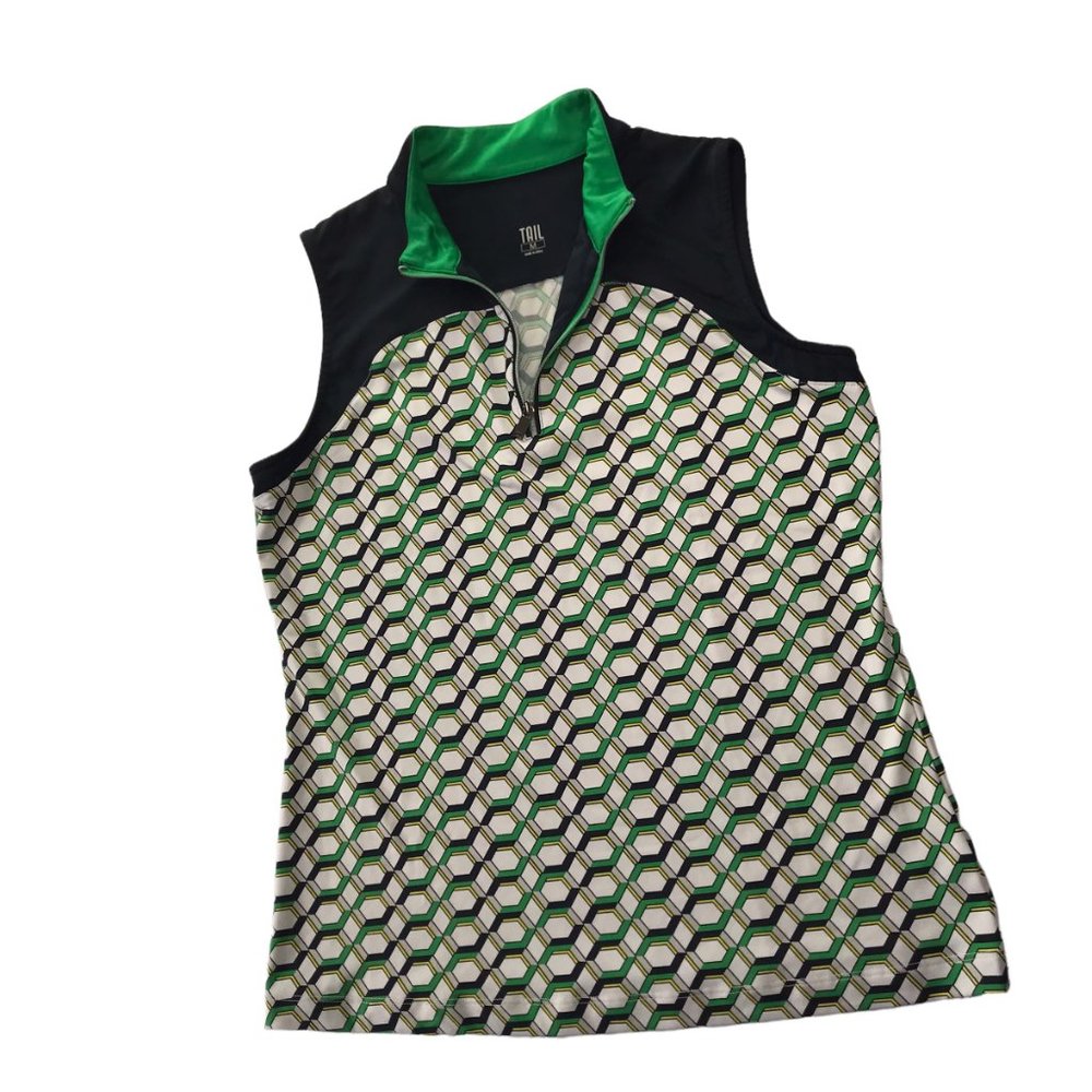 TAIL Golf Tennis Shirt Zip Sleeveless Blue Green Geometric Pattern Size Women M